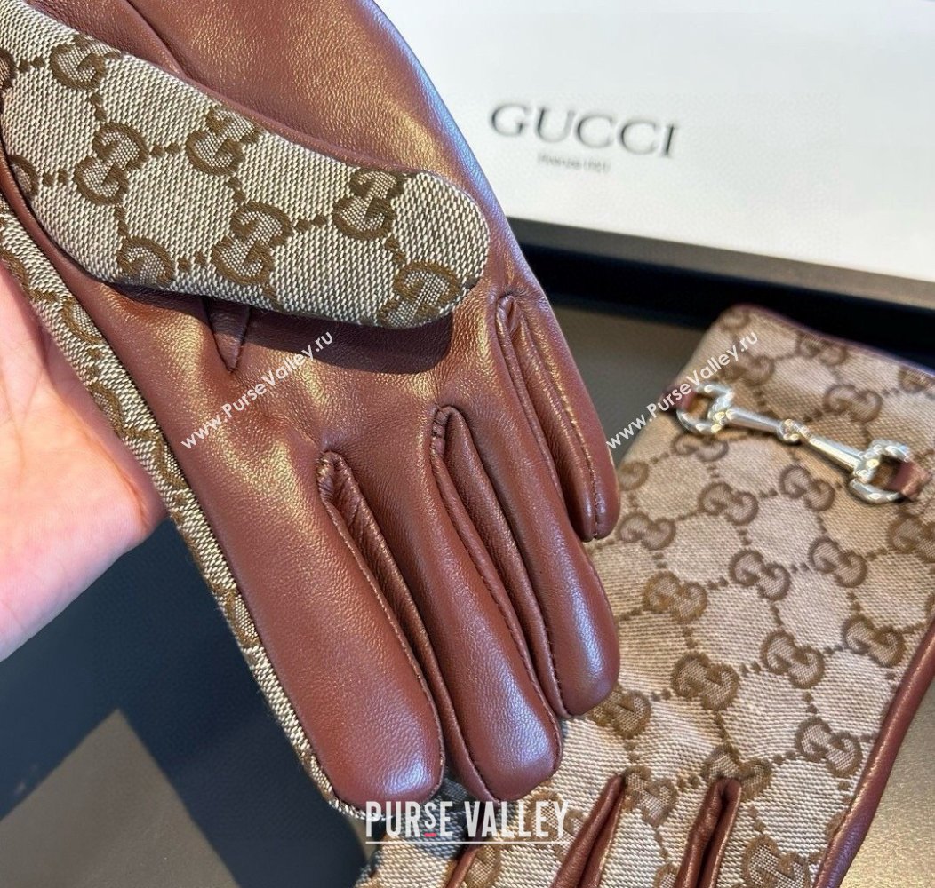 Gucci GG Canvas and Lambskin Gloves with Horsebit Camel 2024 1129 (A-241129053)