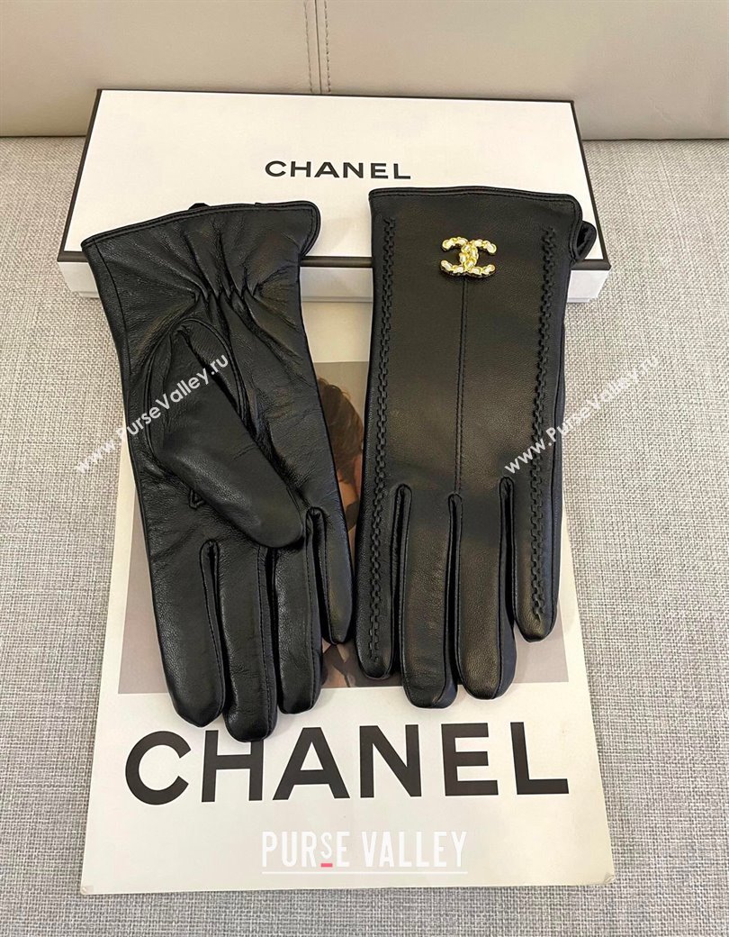 Chanel Lambskin and Cashmere Gloves with Stone CC Black 2024 1129 (A-241129054)