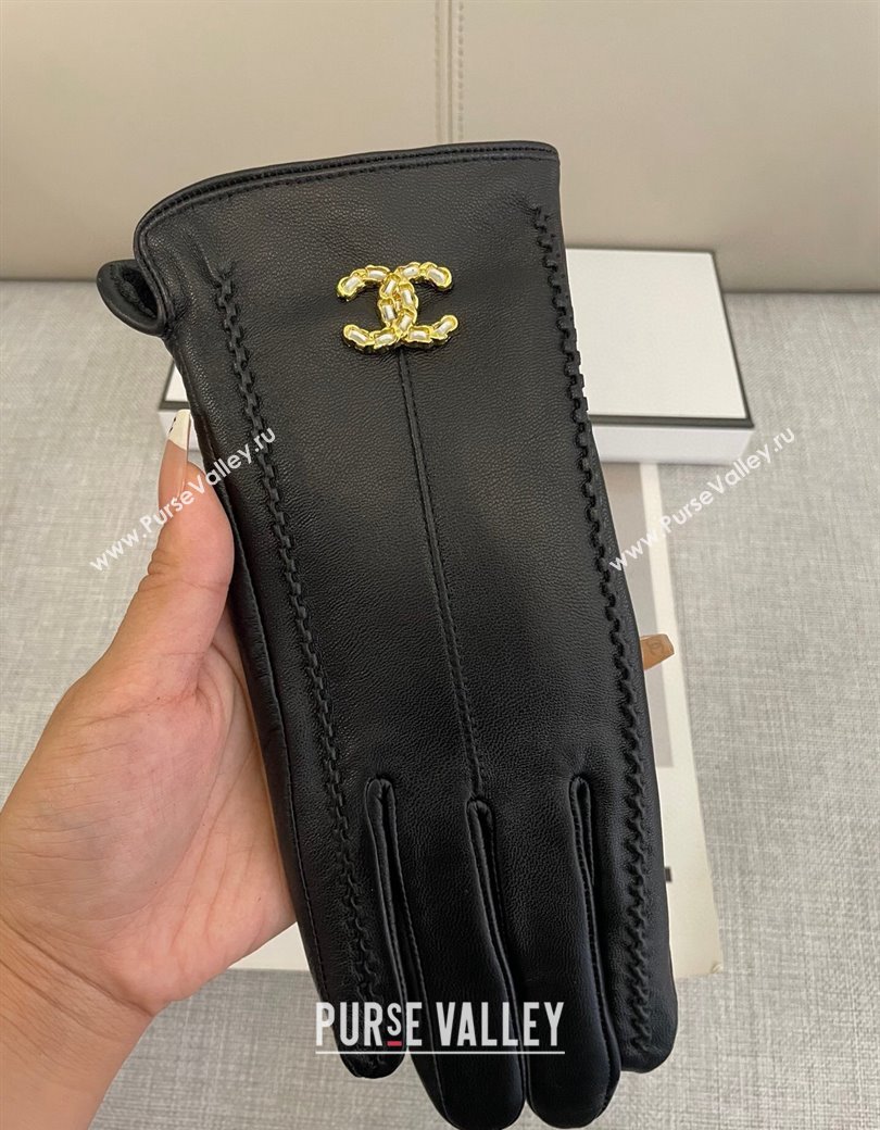 Chanel Lambskin and Cashmere Gloves with Stone CC Black 2024 1129 (A-241129054)