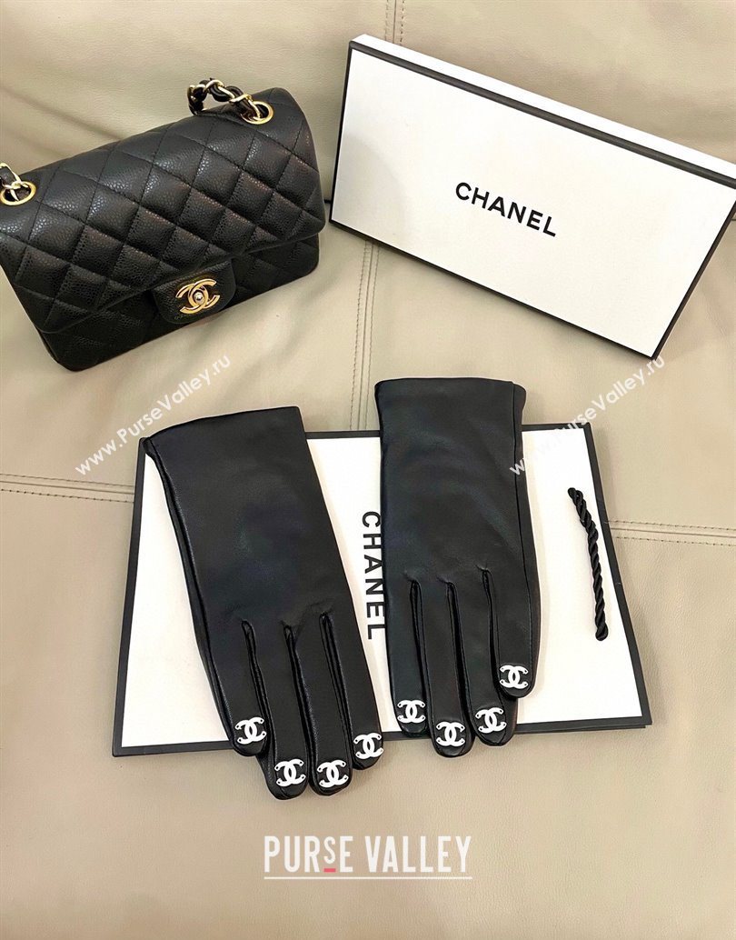Chanel Lambskin Gloves with Finger CC L Black 2025 1111 (SHI-251112076)