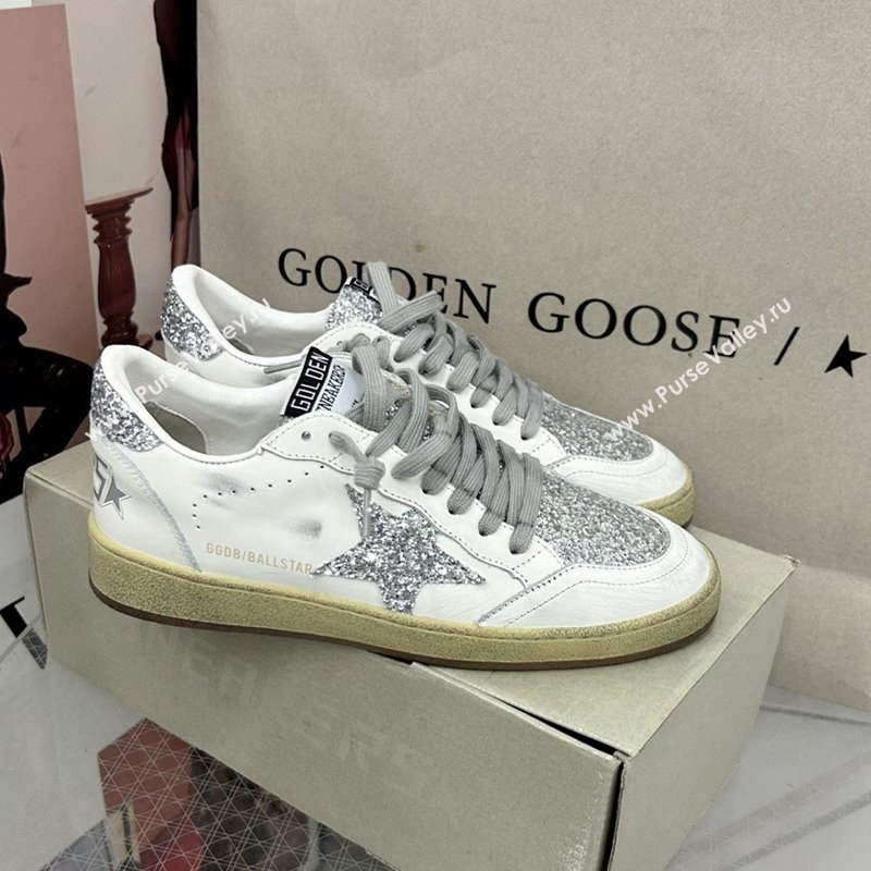 Golden Goose GGDB Ball Star Sneakers in White Calfskin and Silver-Tone Glitter 2024 0328 (MD-240328107)