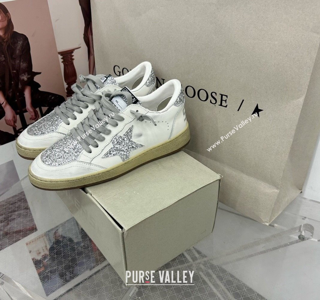 Golden Goose GGDB Ball Star Sneakers in White Calfskin and Silver-Tone Glitter 2024 0328 (MD-240328107)