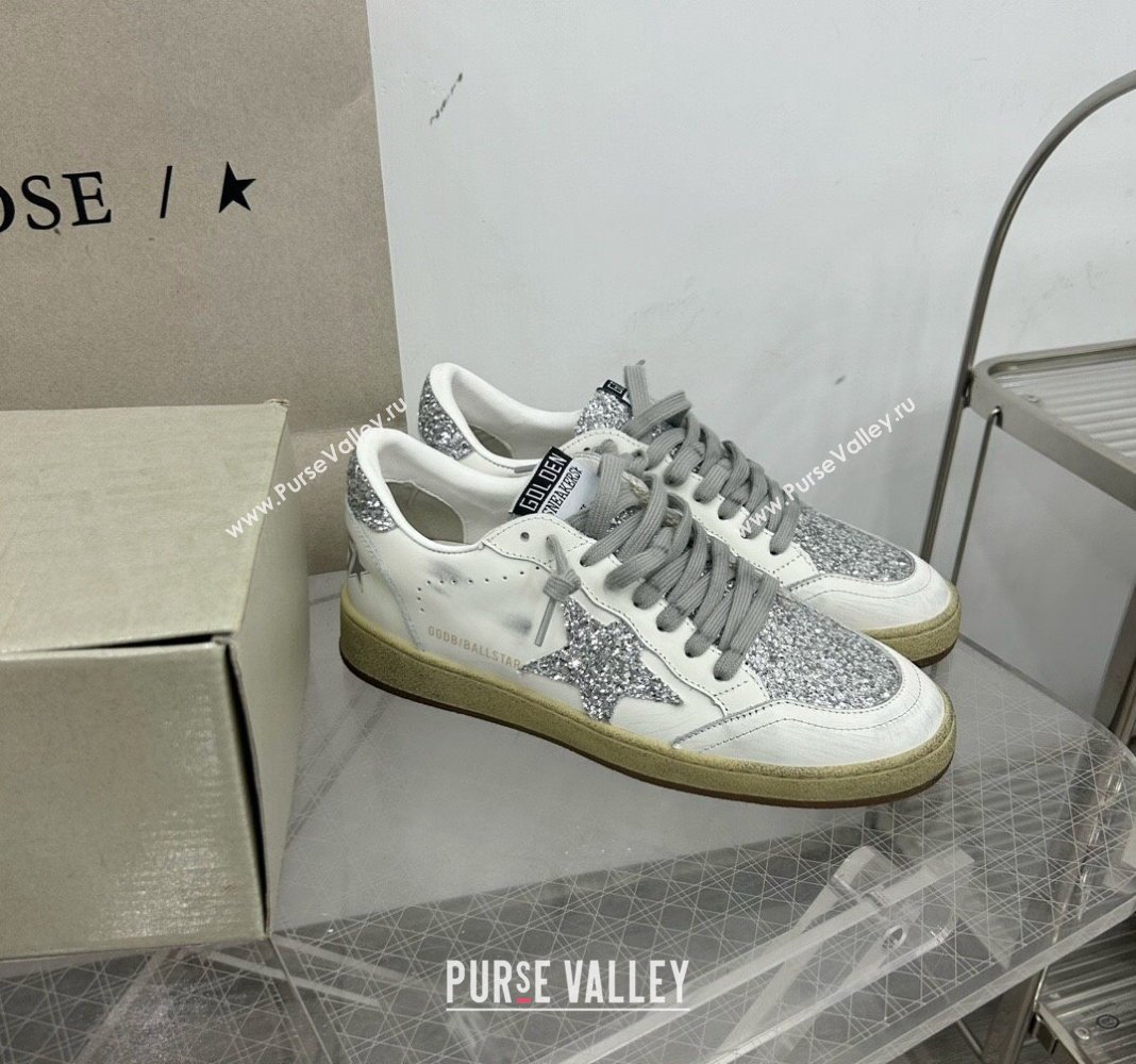 Golden Goose GGDB Ball Star Sneakers in White Calfskin and Silver-Tone Glitter 2024 0328 (MD-240328107)