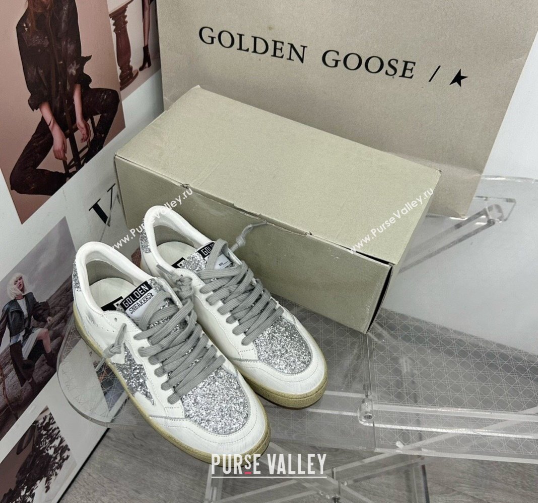 Golden Goose GGDB Ball Star Sneakers in White Calfskin and Silver-Tone Glitter 2024 0328 (MD-240328107)