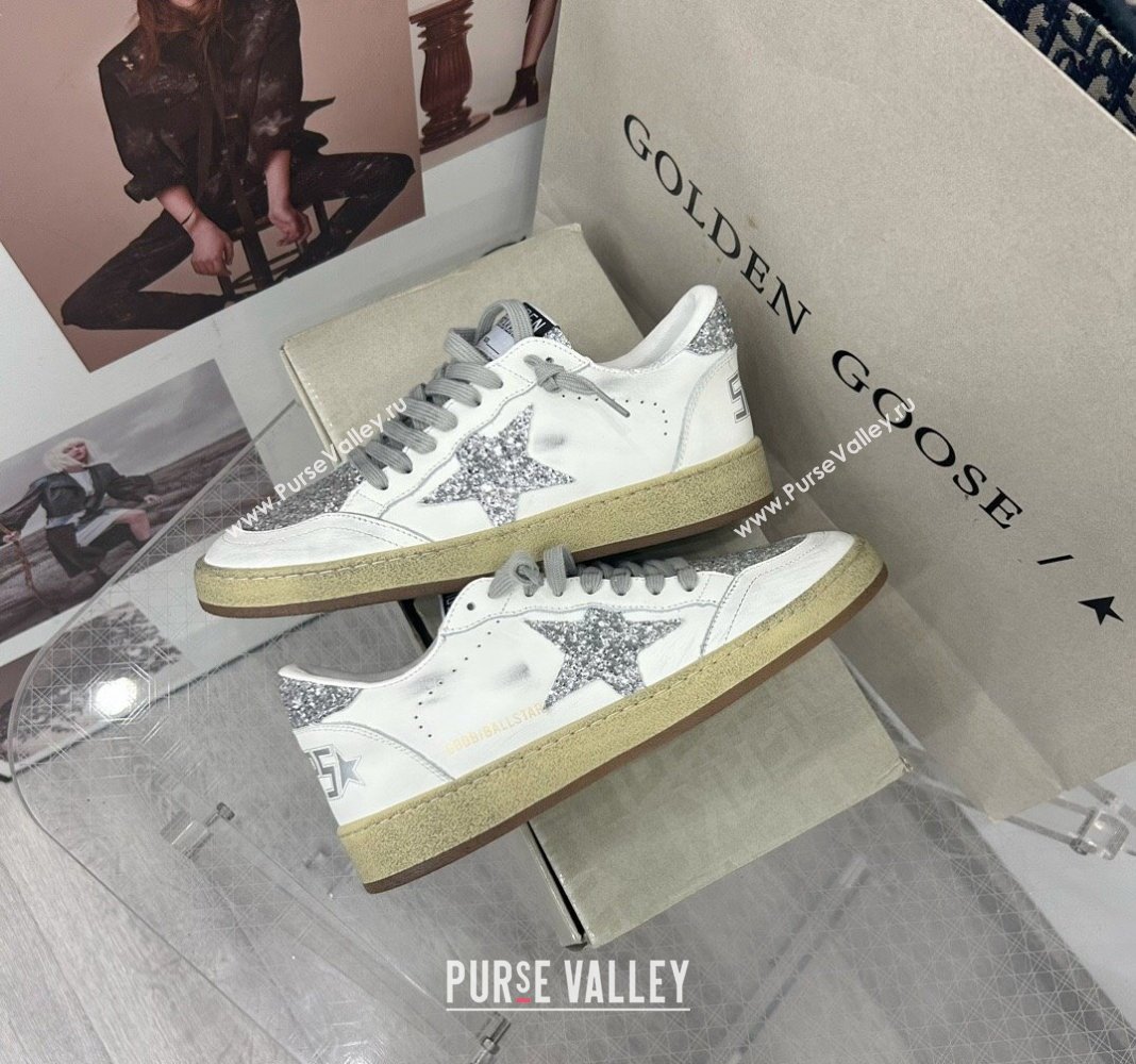 Golden Goose GGDB Ball Star Sneakers in White Calfskin and Silver-Tone Glitter 2024 0328 (MD-240328107)