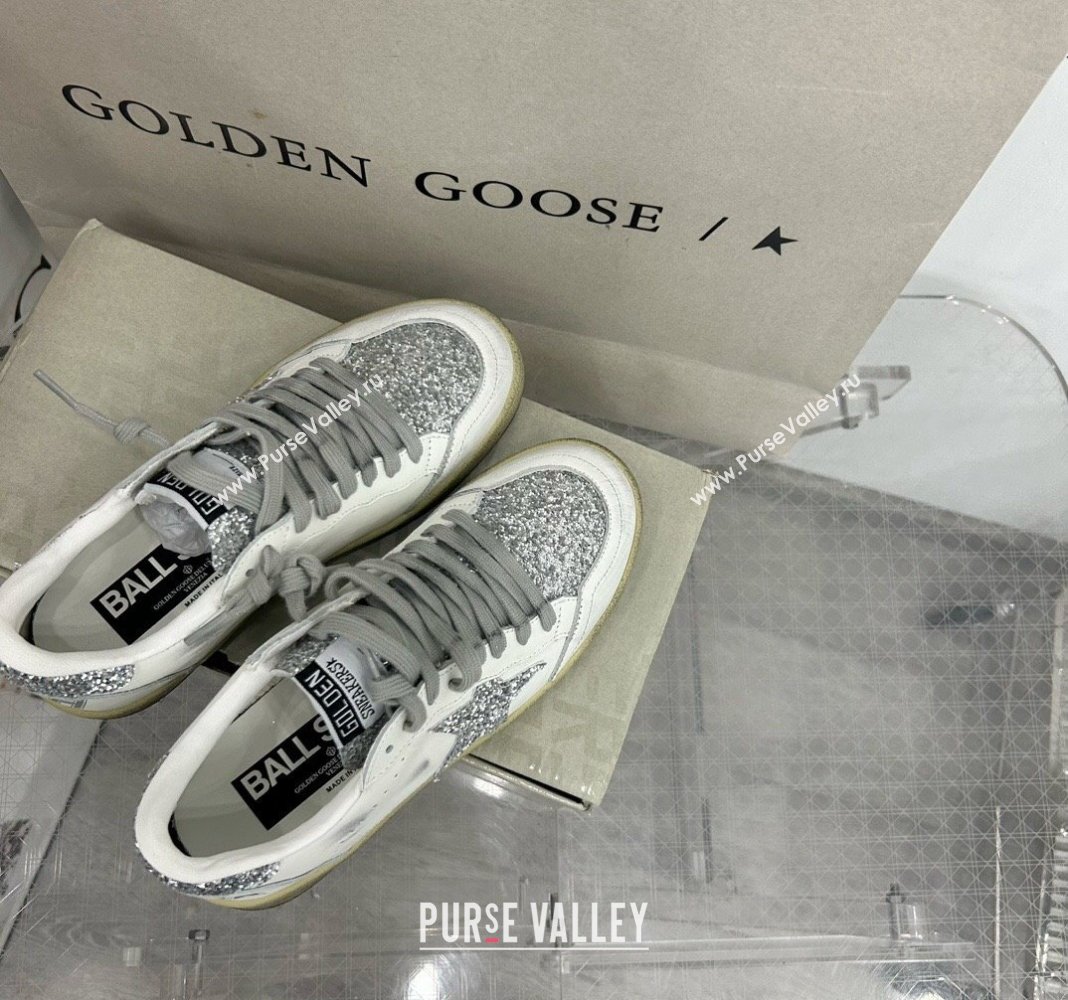 Golden Goose GGDB Ball Star Sneakers in White Calfskin and Silver-Tone Glitter 2024 0328 (MD-240328107)