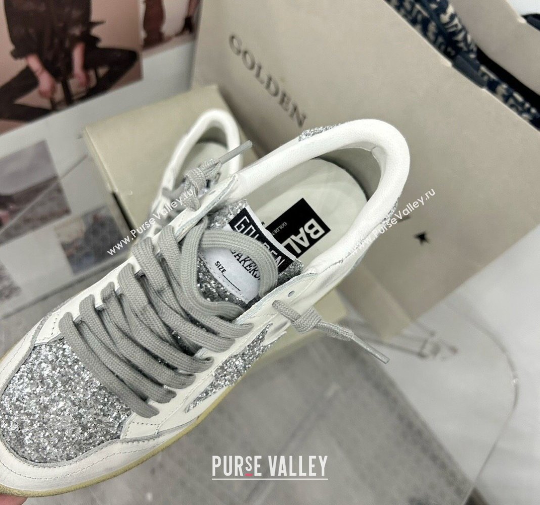 Golden Goose GGDB Ball Star Sneakers in White Calfskin and Silver-Tone Glitter 2024 0328 (MD-240328107)