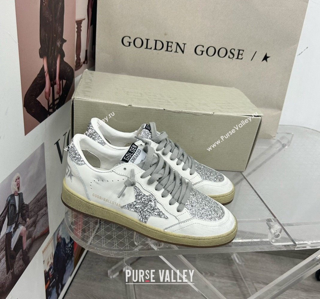 Golden Goose GGDB Ball Star Sneakers in White Calfskin and Silver-Tone Glitter 2024 0328 (MD-240328107)