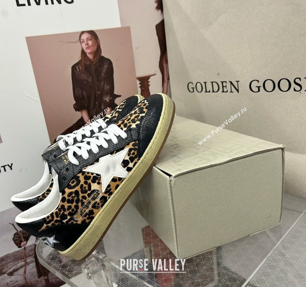 Golden Goose GGDB Ball Star Sneakers in Leopard Print and Black Crinkled Leather 2024 0328 (MD-240328109)