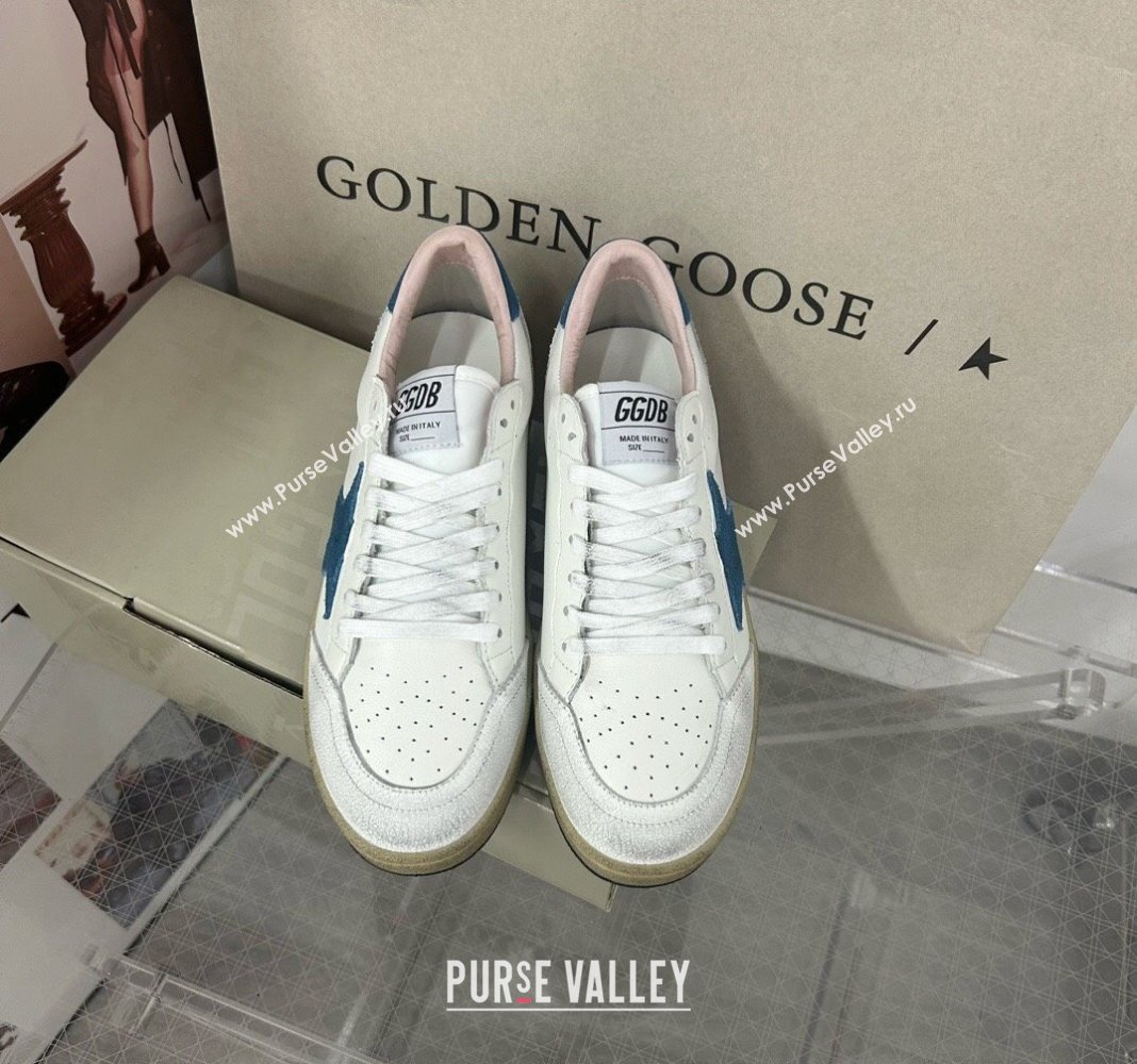 Golden Goose GGDB Ball Star Sneakers in White Calfskin and Blue Suede Star 2024 0328 (MD-240328097)