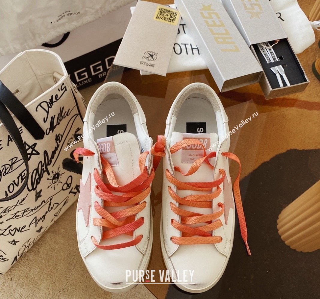 Golden Goose GGDB Super-Star Sneakers in White Calfskin and Pink Star 2024 0328 (MD-240328119)
