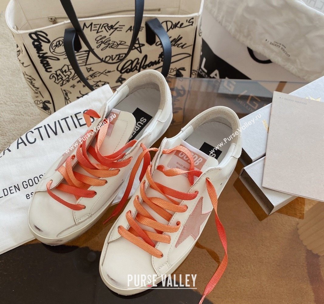 Golden Goose GGDB Super-Star Sneakers in White Calfskin and Pink Star 2024 0328 (MD-240328119)
