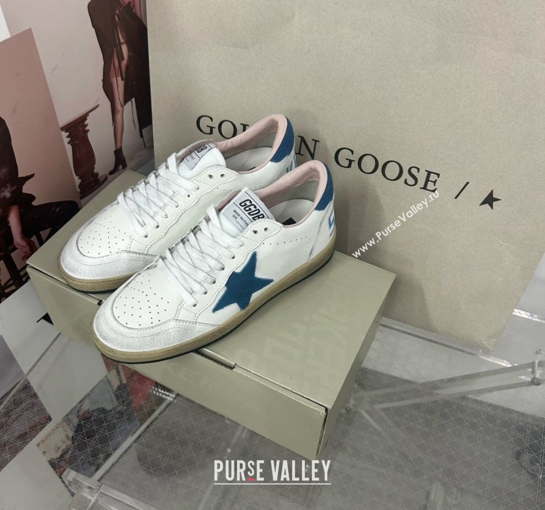 Golden Goose GGDB Ball Star Sneakers in White Calfskin and Blue Suede Star 2024 0328 (MD-240328097)