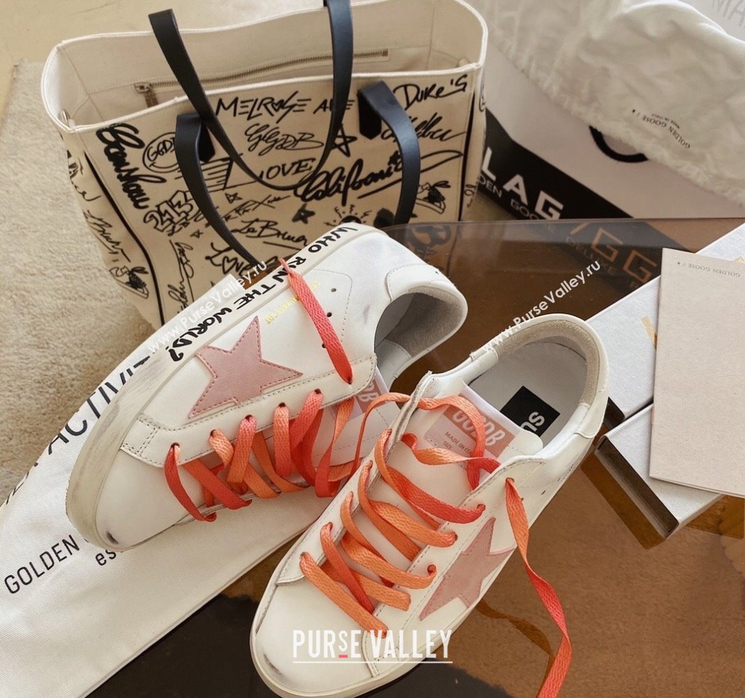 Golden Goose GGDB Super-Star Sneakers in White Calfskin and Pink Star 2024 0328 (MD-240328119)