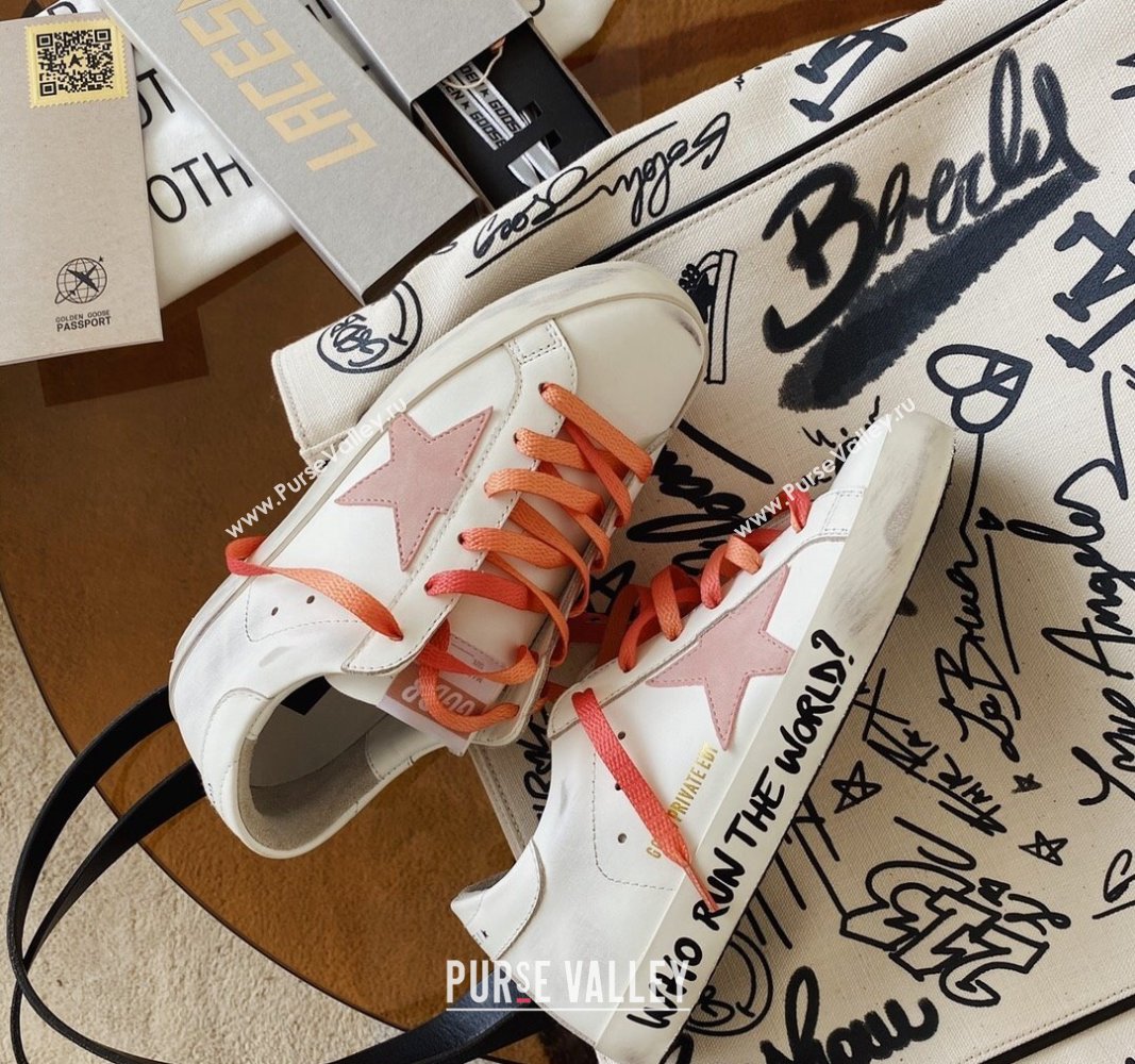 Golden Goose GGDB Super-Star Sneakers in White Calfskin and Pink Star 2024 0328 (MD-240328119)