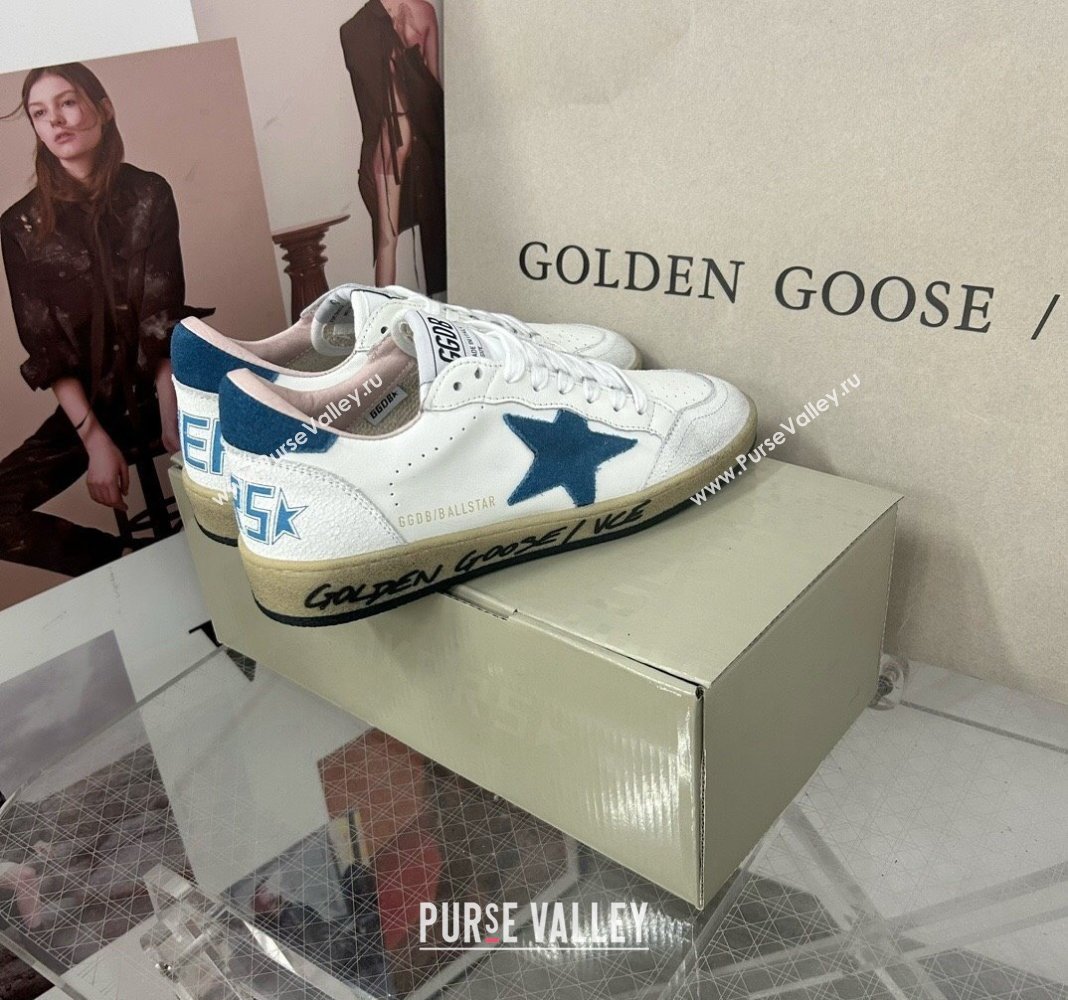 Golden Goose GGDB Ball Star Sneakers in White Calfskin and Blue Suede Star 2024 0328 (MD-240328097)