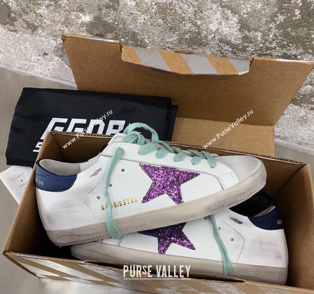Golden Goose GGDB Super-Star Sneakers in White Calfskin and Purple Glitter Star 2024 (MD-240328120)