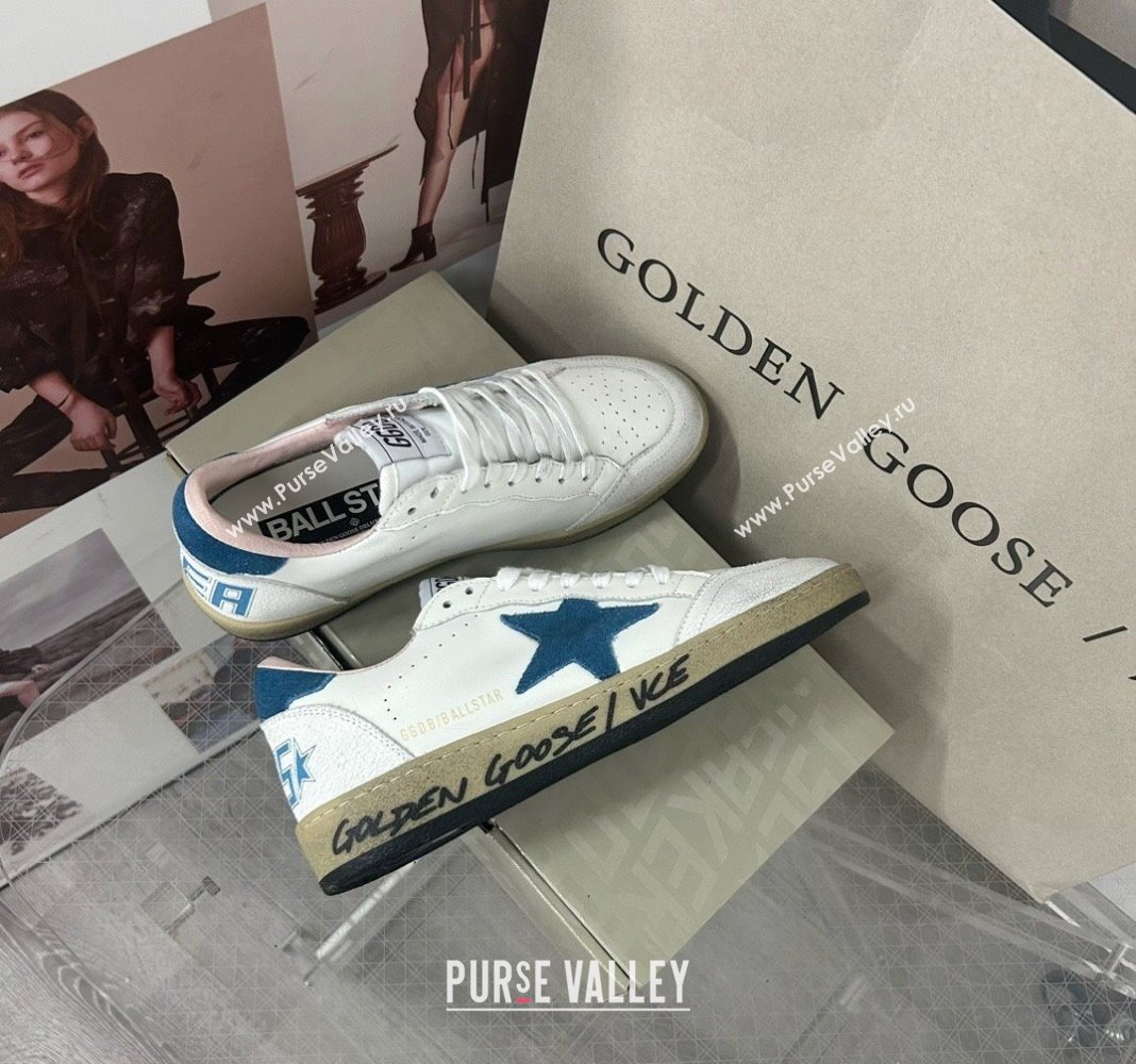Golden Goose GGDB Ball Star Sneakers in White Calfskin and Blue Suede Star 2024 0328 (MD-240328097)