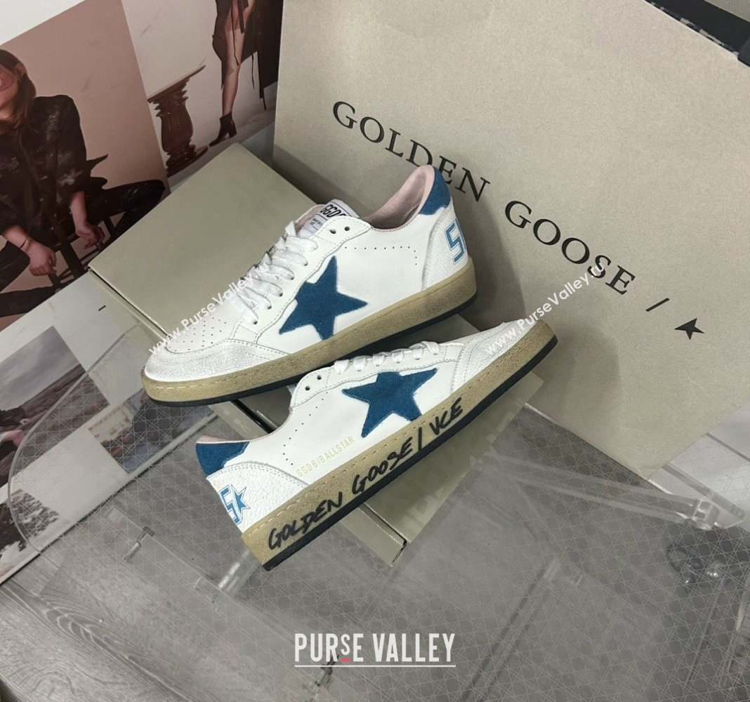 Golden Goose GGDB Ball Star Sneakers in White Calfskin and Blue Suede Star 2024 0328 (MD-240328097)