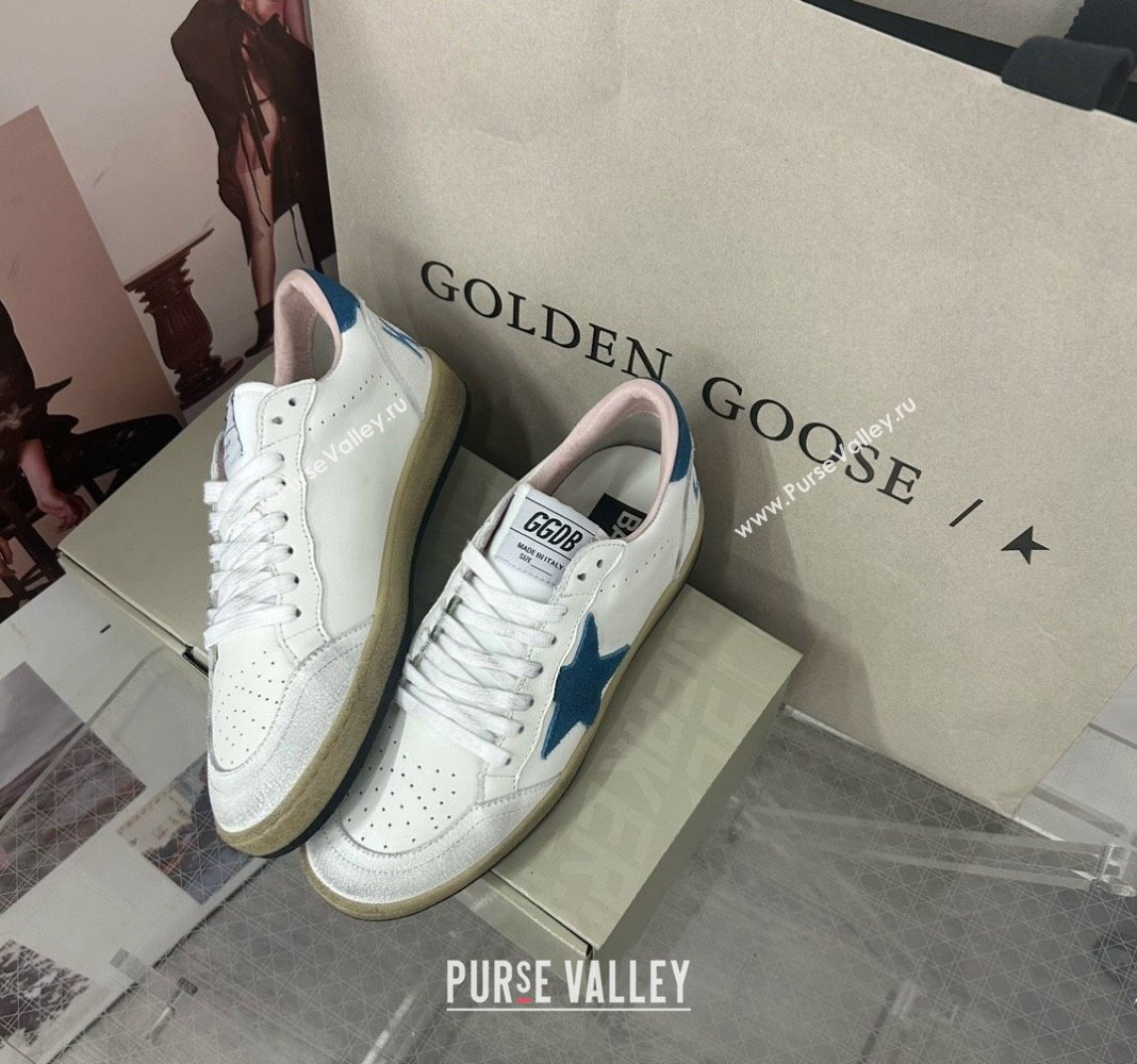 Golden Goose GGDB Ball Star Sneakers in White Calfskin and Blue Suede Star 2024 0328 (MD-240328097)