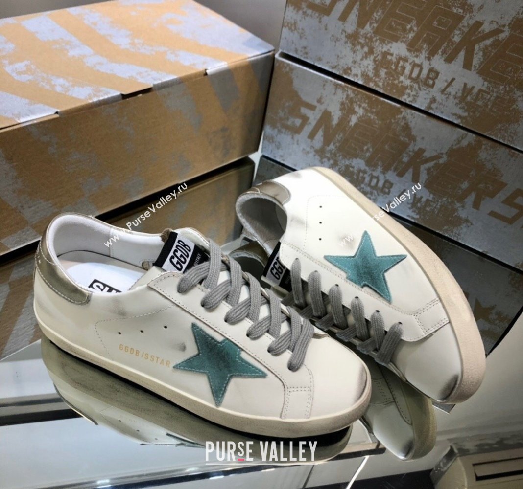 Golden Goose GGDB Super-Star Sneakers in White Calfskin and Light Green Star 2024 (MD-240328123)