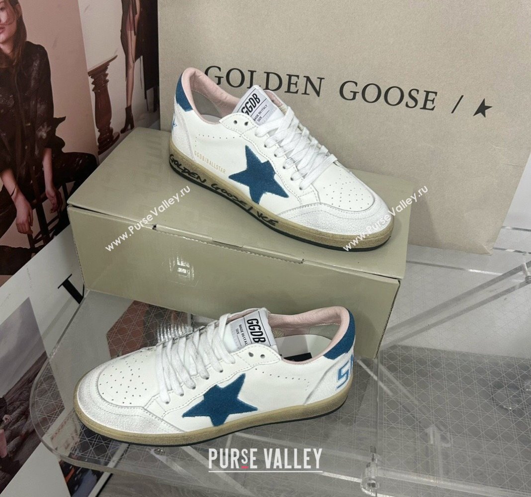 Golden Goose GGDB Ball Star Sneakers in White Calfskin and Blue Suede Star 2024 0328 (MD-240328097)