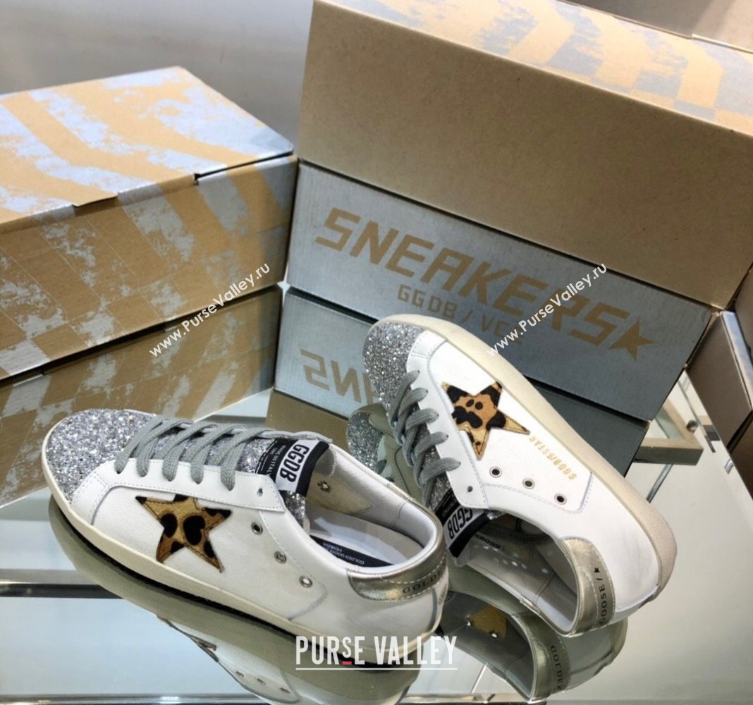 Golden Goose GGDB Super-Star Sneakers in White Calfskin and Silver Glitter 2024 0328 (MD-240328124)