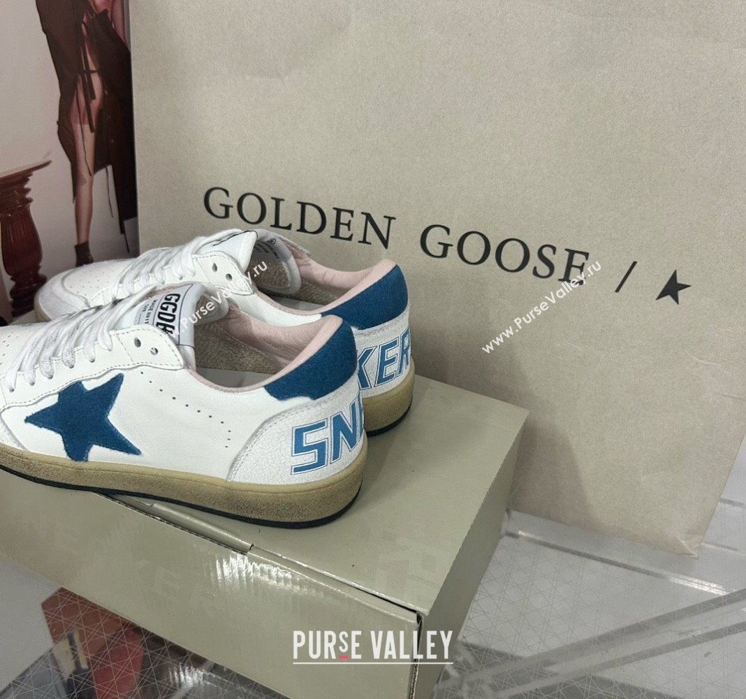 Golden Goose GGDB Ball Star Sneakers in White Calfskin and Blue Suede Star 2024 0328 (MD-240328097)