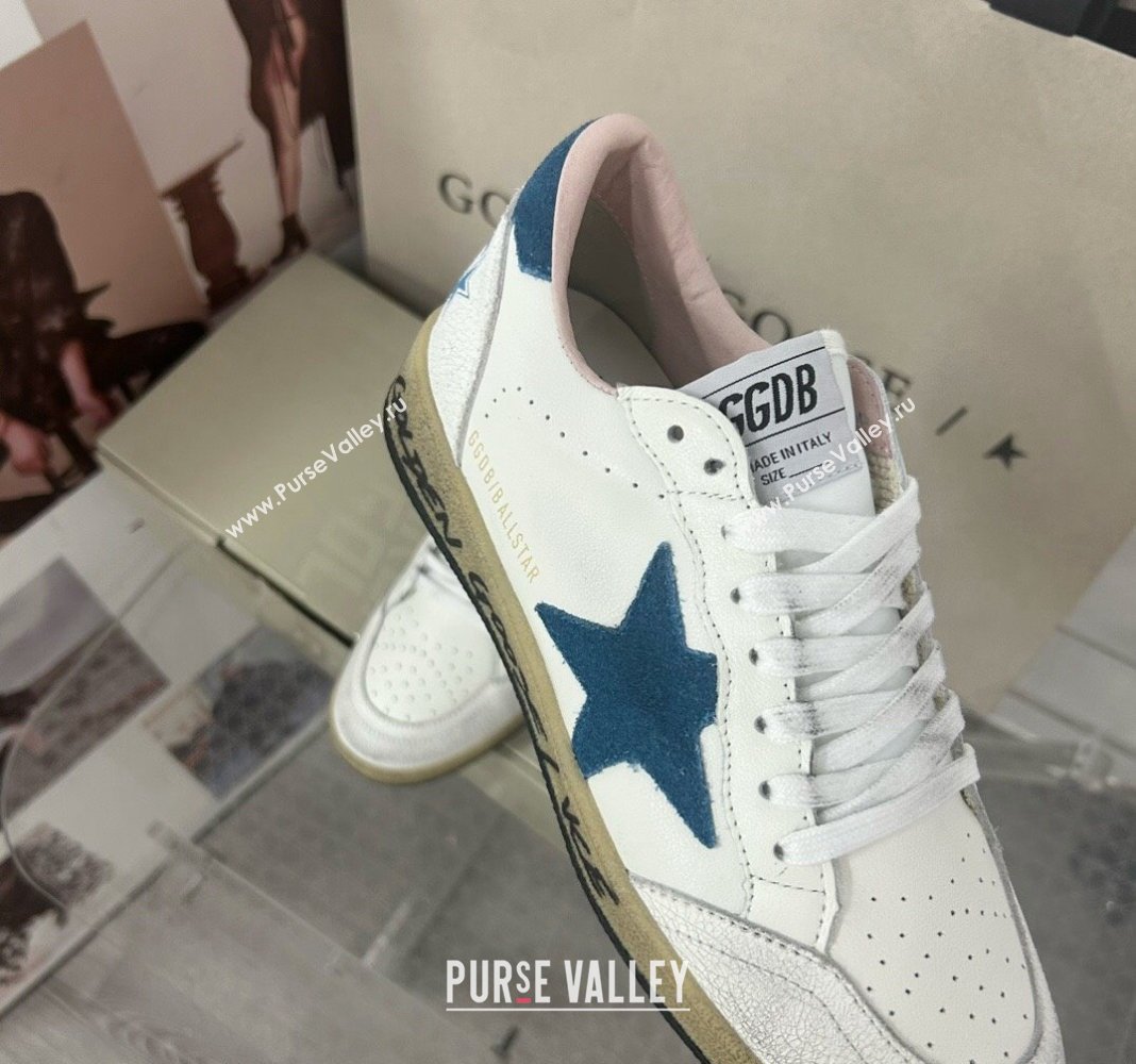 Golden Goose GGDB Ball Star Sneakers in White Calfskin and Blue Suede Star 2024 0328 (MD-240328097)