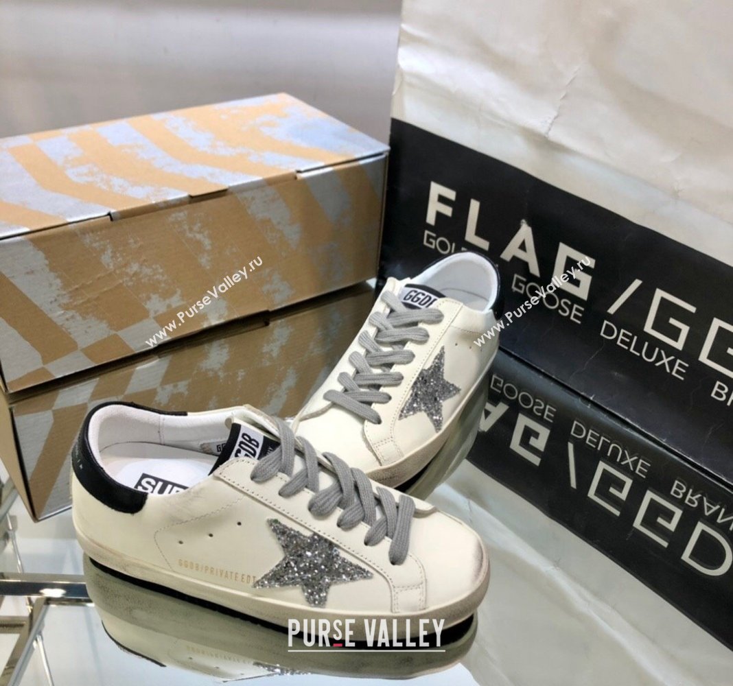 Golden Goose GGDB Super-Star Sneakers in White Calfskin and Silver Glitter Star 2024 (MD-240328127)