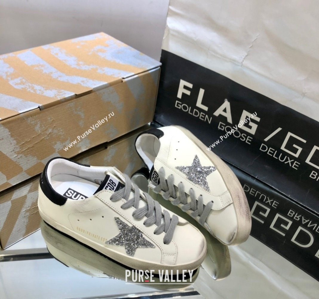 Golden Goose GGDB Super-Star Sneakers in White Calfskin and Silver Glitter Star 2024 (MD-240328127)