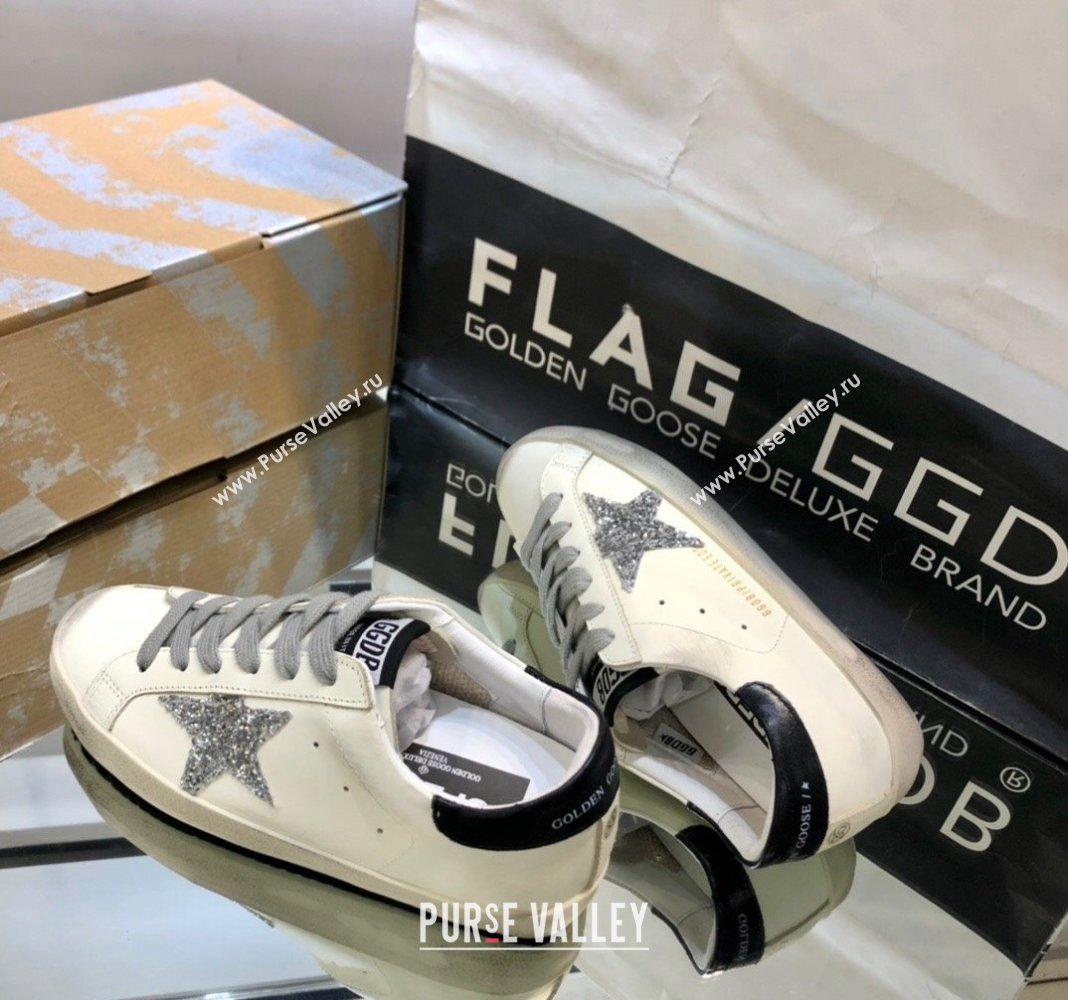 Golden Goose GGDB Super-Star Sneakers in White Calfskin and Silver Glitter Star 2024 (MD-240328127)