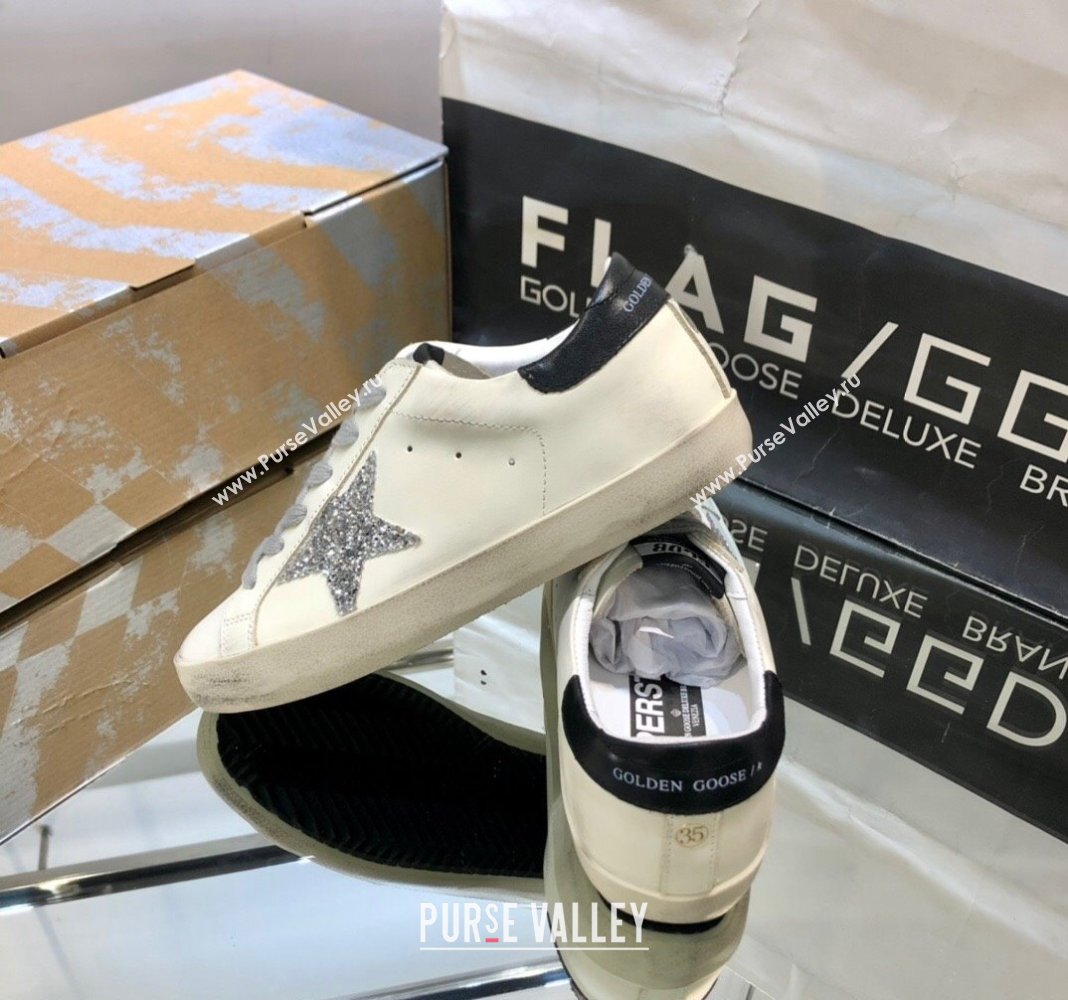Golden Goose GGDB Super-Star Sneakers in White Calfskin and Silver Glitter Star 2024 (MD-240328127)