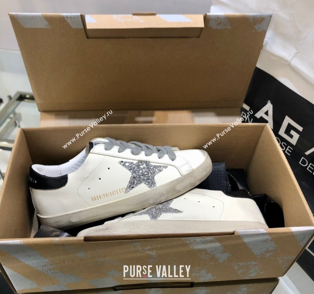 Golden Goose GGDB Super-Star Sneakers in White Calfskin and Silver Glitter Star 2024 (MD-240328127)