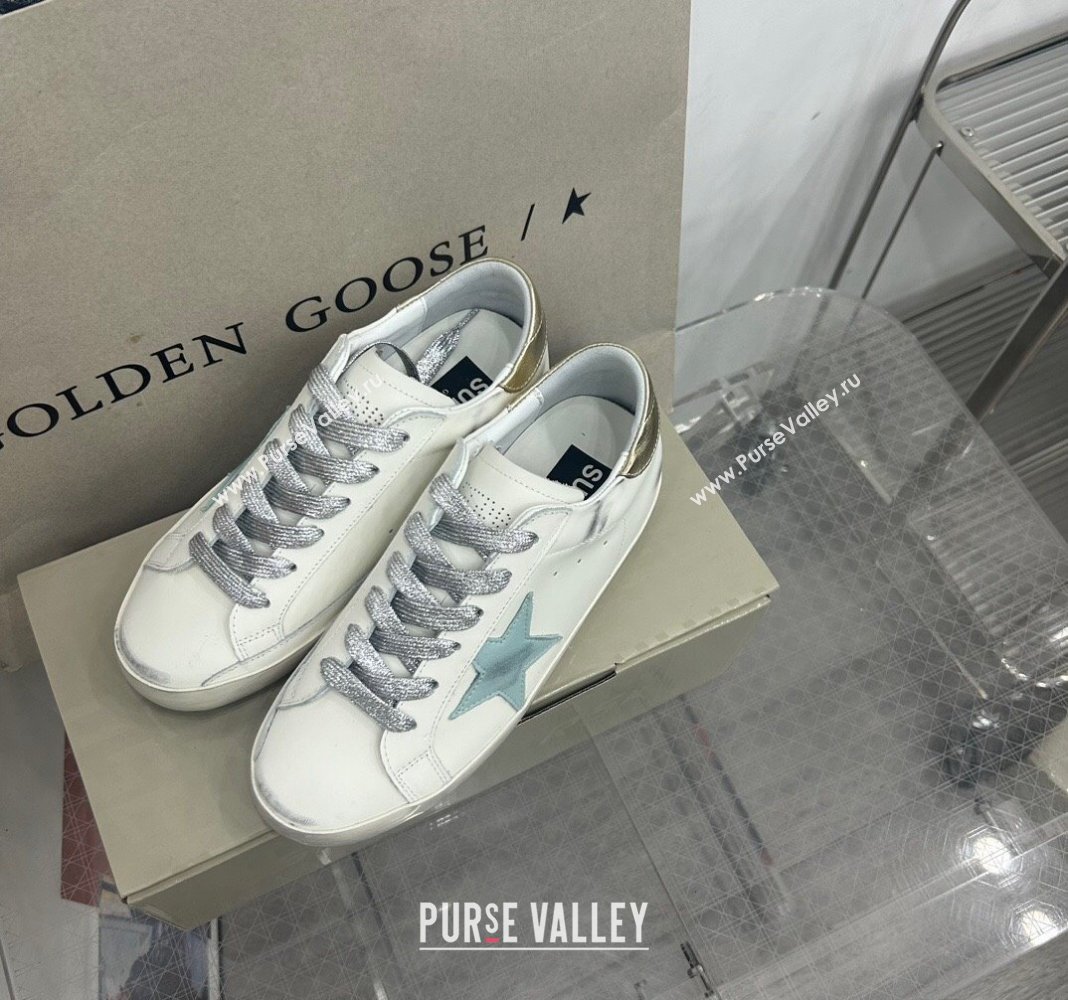 Golden Goose GGDB Super-Star Sneakers in White Calfskin and Pale Green Star 2024 (MD-240328133)