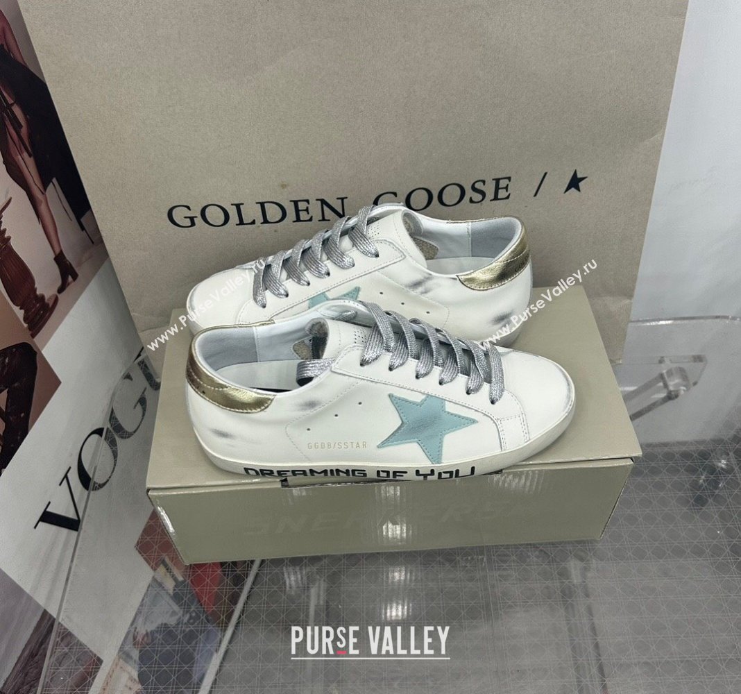 Golden Goose GGDB Super-Star Sneakers in White Calfskin and Pale Green Star 2024 (MD-240328133)