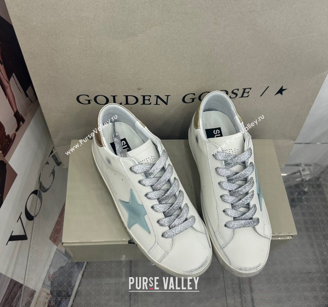 Golden Goose GGDB Super-Star Sneakers in White Calfskin and Pale Green Star 2024 (MD-240328133)