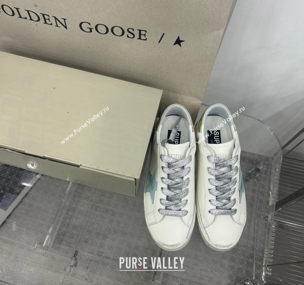Golden Goose GGDB Super-Star Sneakers in White Calfskin and Pale Green Star 2024 (MD-240328133)