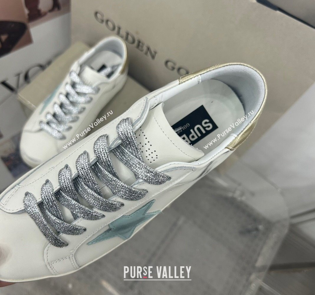 Golden Goose GGDB Super-Star Sneakers in White Calfskin and Pale Green Star 2024 (MD-240328133)