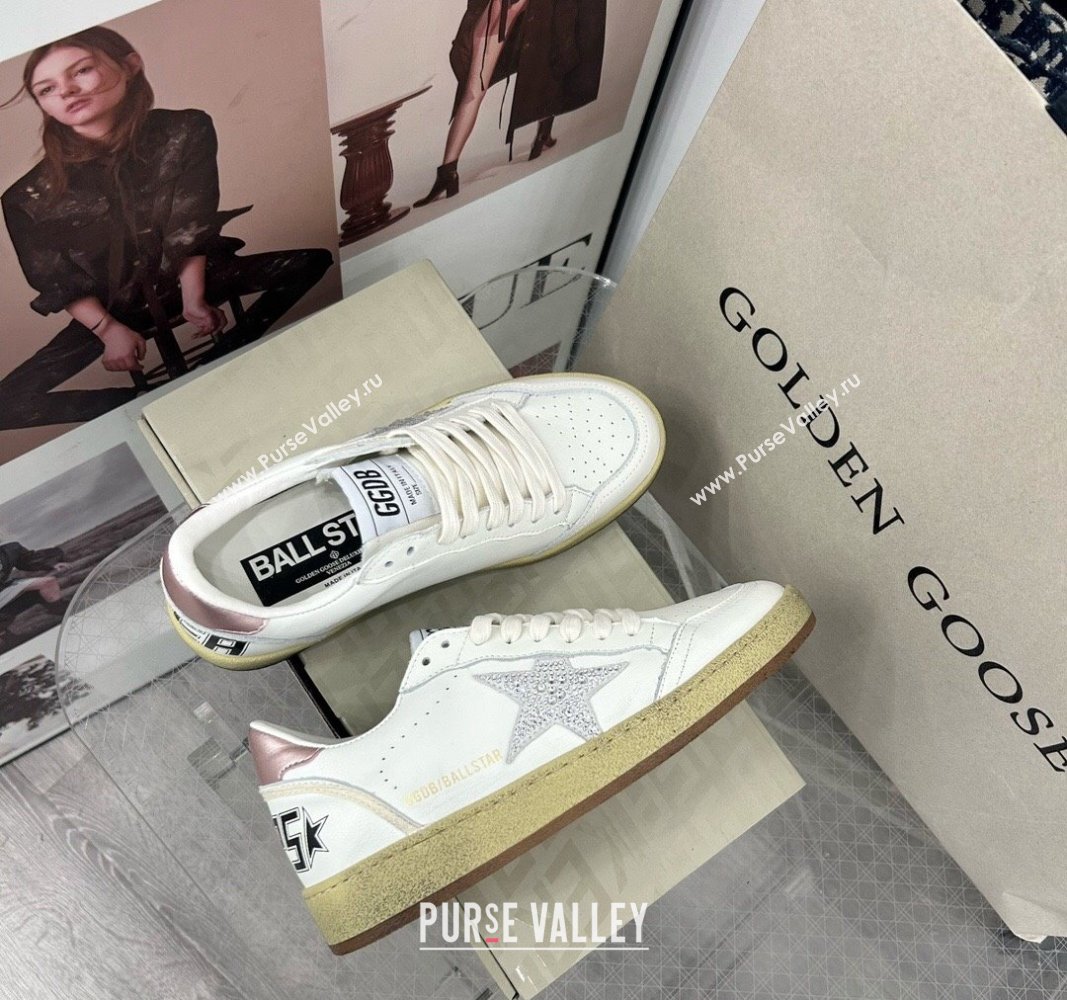 Golden Goose GGDB Ball Star Sneakers in White Calfskin and Crystals Star 2024 0328 (MD-240328098)