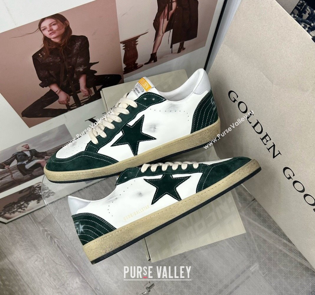 Golden Goose GGDB Ball Star Sneakers in White Calfskin and Green Suede 2024 0328 (MD-240328100)