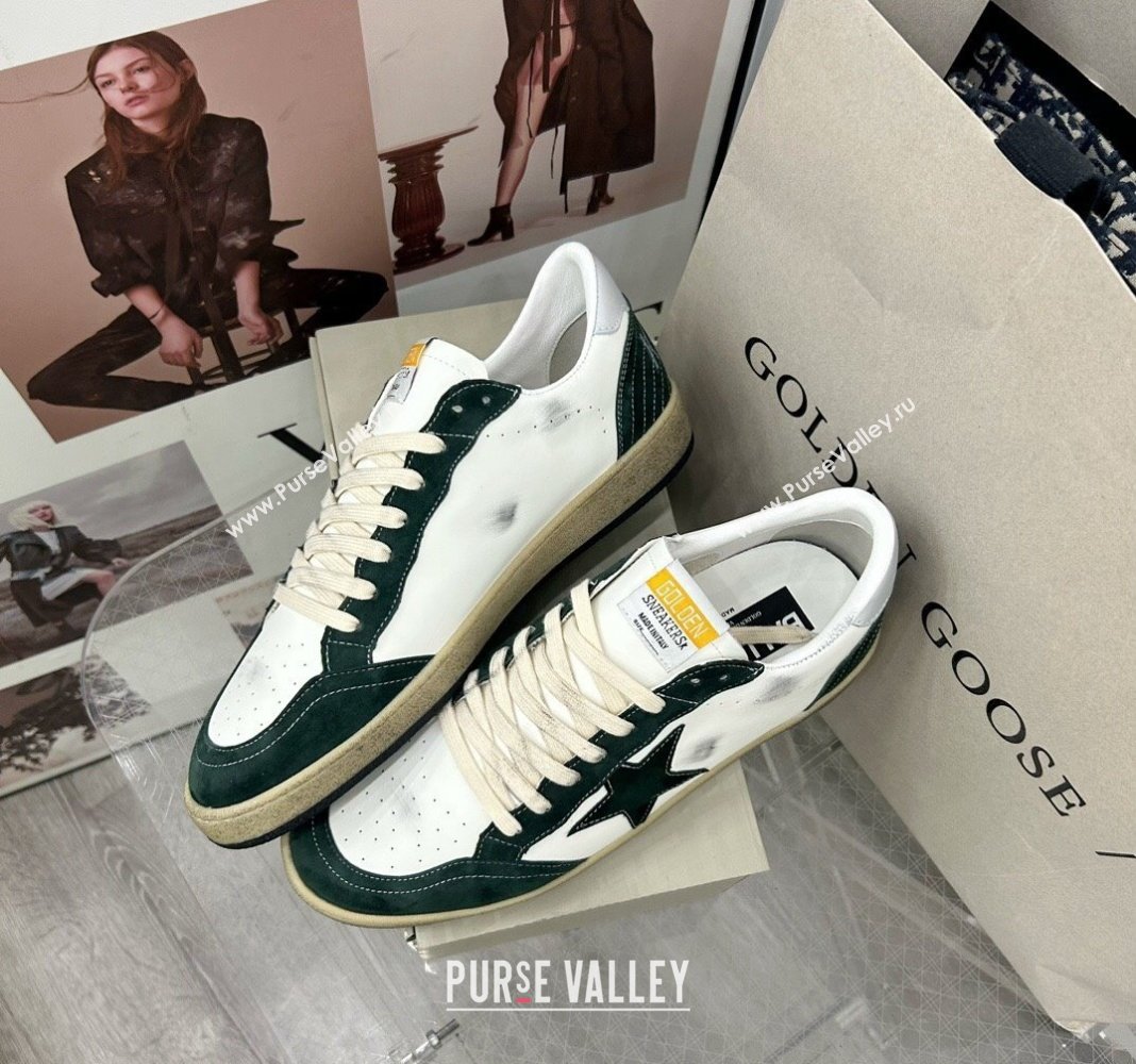 Golden Goose GGDB Ball Star Sneakers in White Calfskin and Green Suede 2024 0328 (MD-240328100)