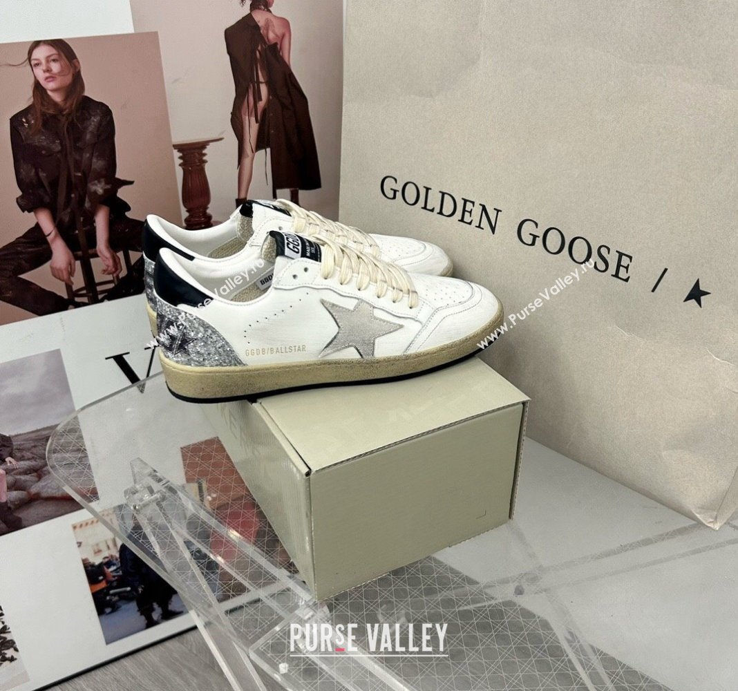 Golden Goose GGDB Ball Star Sneakers in White Calfskin and Silver Glitter Tab 2024 0328 (MD-240328101)