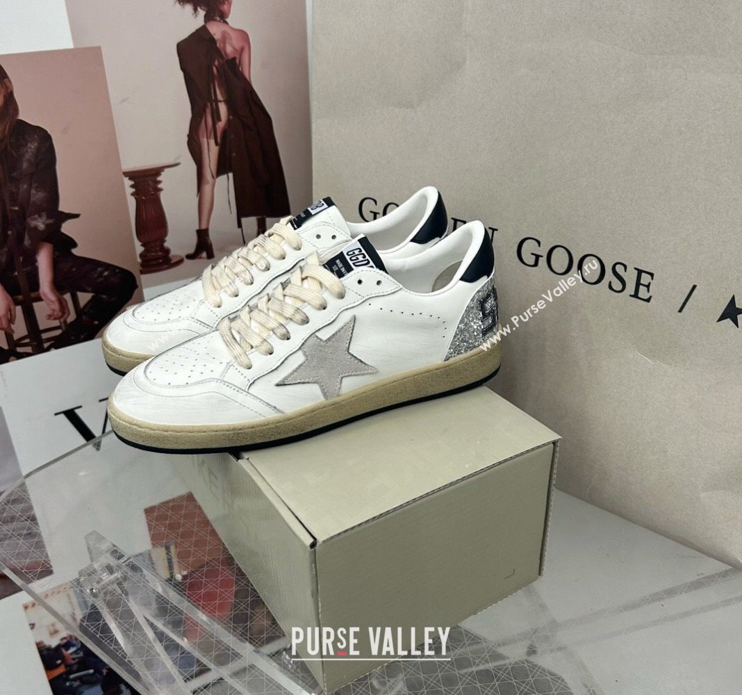 Golden Goose GGDB Ball Star Sneakers in White Calfskin and Silver Glitter Tab 2024 0328 (MD-240328101)