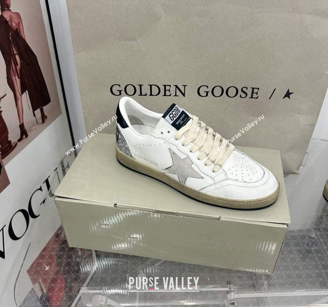 Golden Goose GGDB Ball Star Sneakers in White Calfskin and Silver Glitter Tab 2024 0328 (MD-240328101)