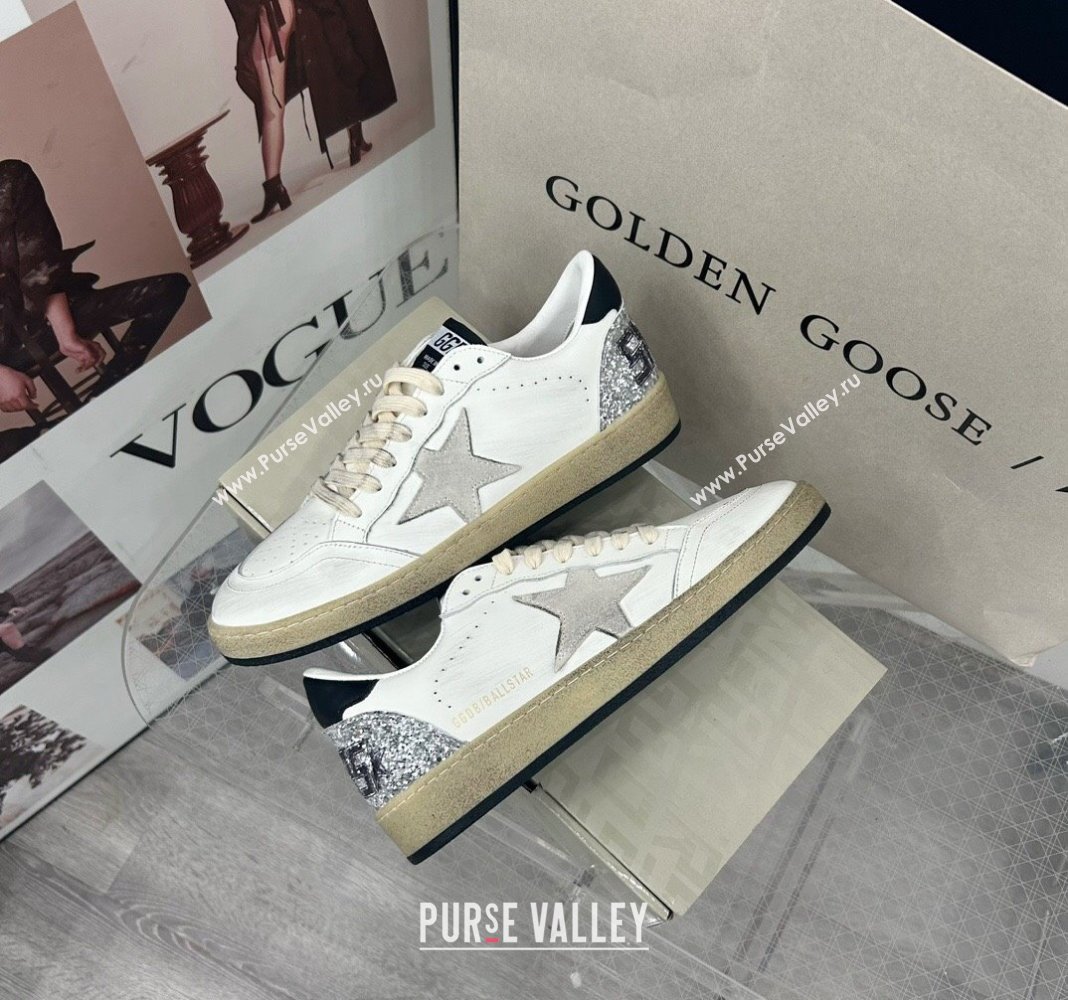 Golden Goose GGDB Ball Star Sneakers in White Calfskin and Silver Glitter Tab 2024 0328 (MD-240328101)