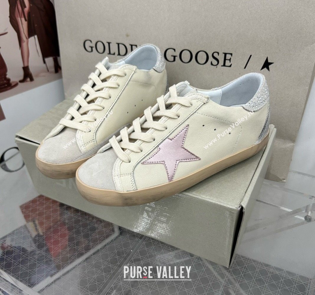 Golden Goose GGDB Super-Star Sneakers in Calfskin with Crystals Tab White/Pink 2024 (MD-240328145)
