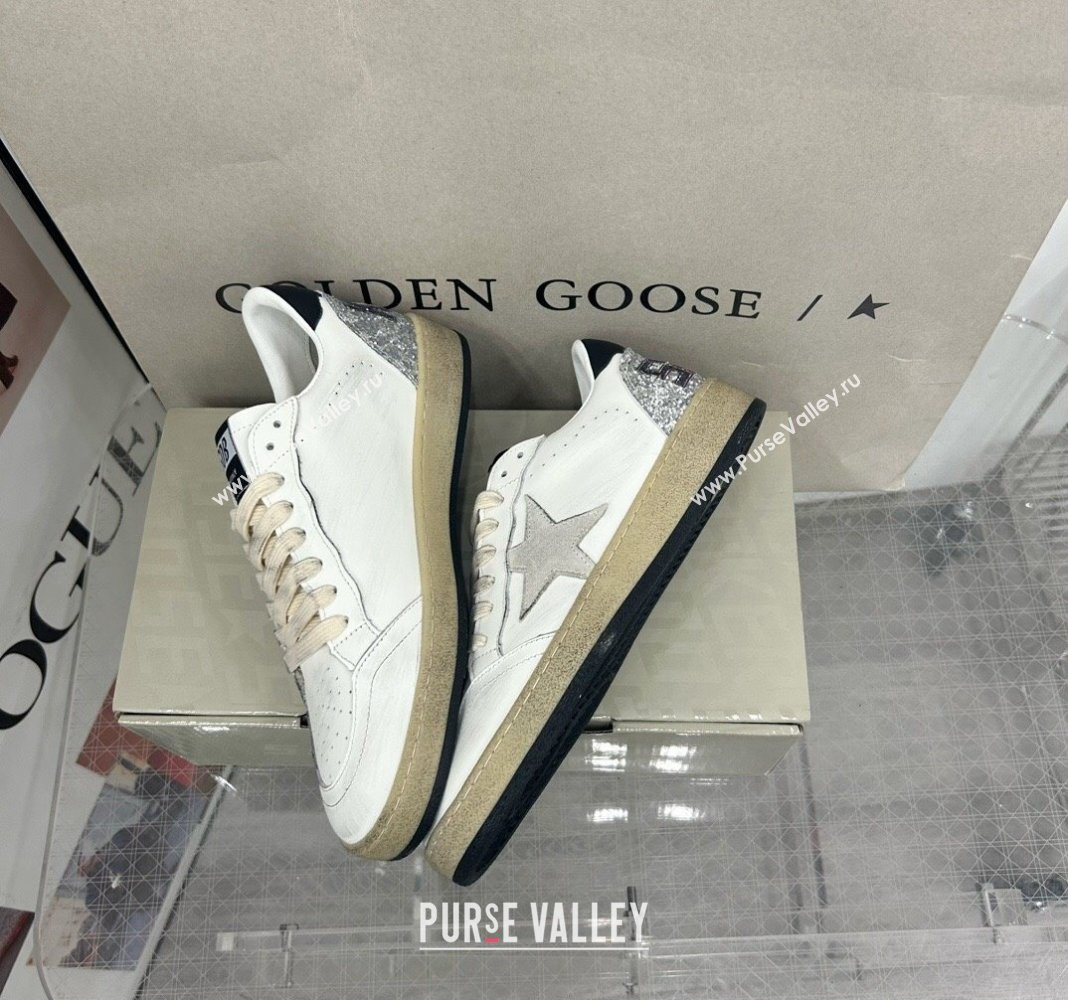 Golden Goose GGDB Ball Star Sneakers in White Calfskin and Silver Glitter Tab 2024 0328 (MD-240328101)