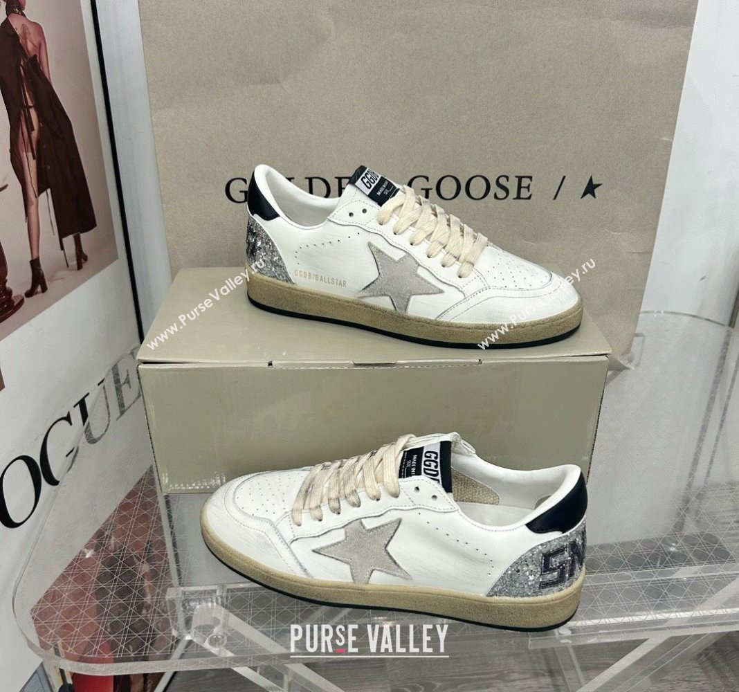 Golden Goose GGDB Ball Star Sneakers in White Calfskin and Silver Glitter Tab 2024 0328 (MD-240328101)