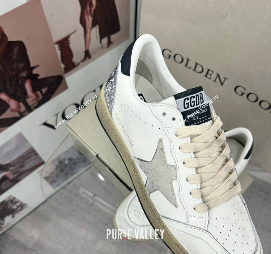 Golden Goose GGDB Ball Star Sneakers in White Calfskin and Silver Glitter Tab 2024 0328 (MD-240328101)